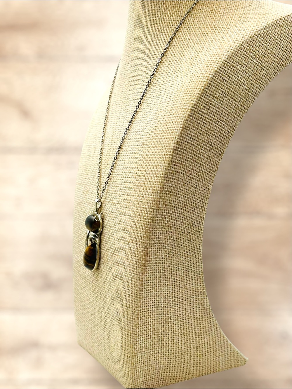Cute Tiger Eye Natural Stone Cat Kitten Pendant Necklace Silver Tone - Picture 6 of 16